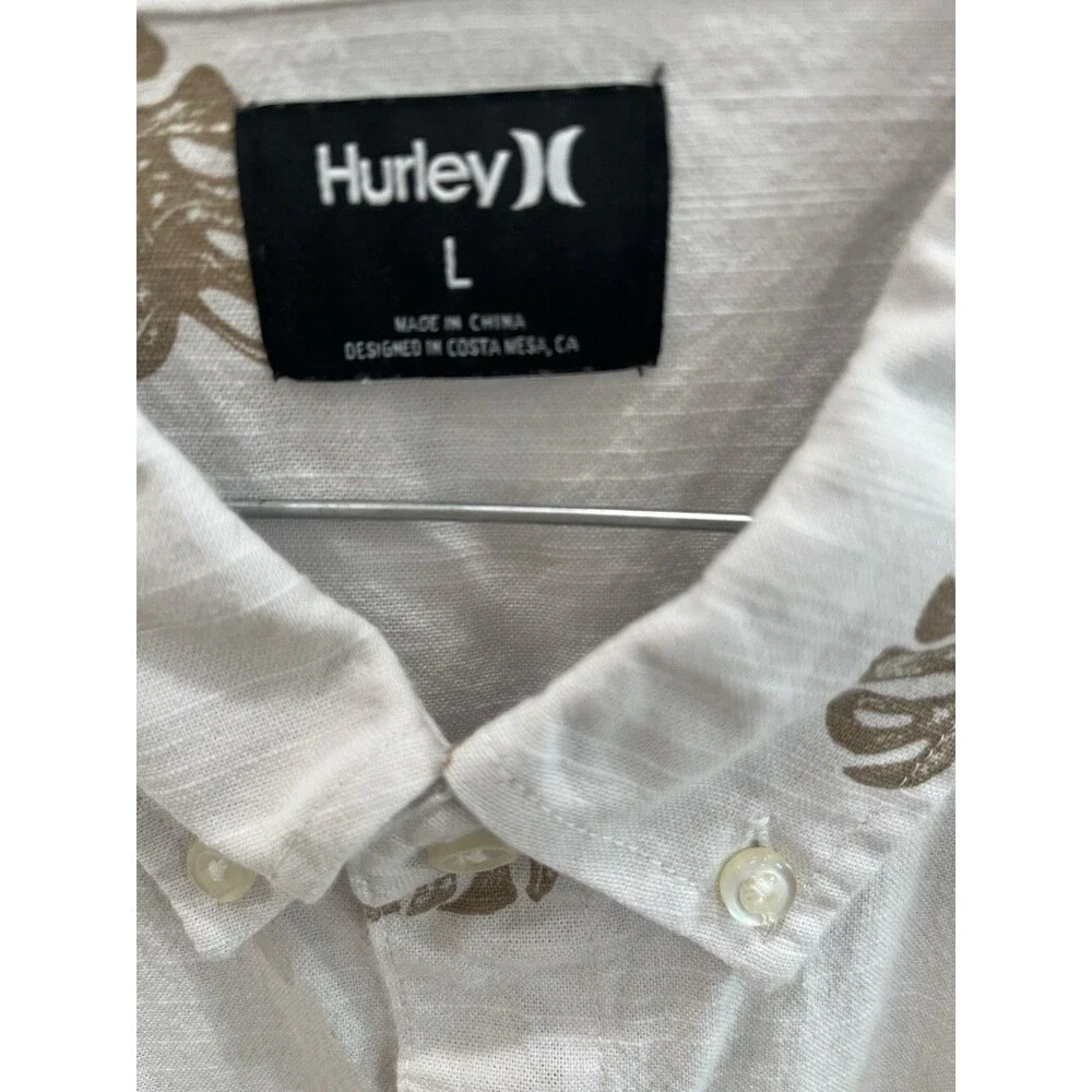 Hurley Men's Tropical Hawaiian Button Up Shirt White Brown Leaf Floral L